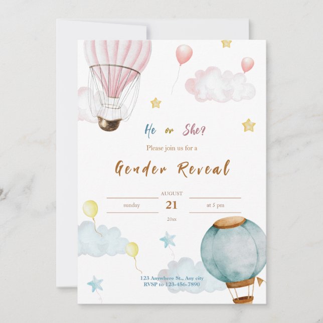 Pink  Blue Watercolor Illustrative Gender Reveal Invitation (Front)