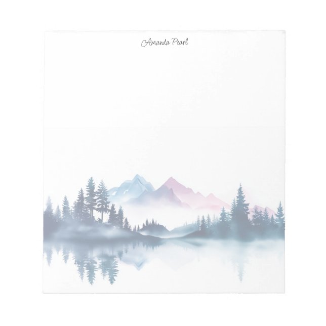 Pink & Blue Watercolor Mountains & Dark Pine Trees Notepad (Front)