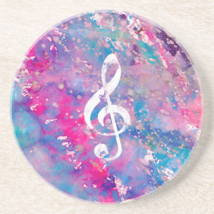 Pink Blue Watercolor Paint Music Note Treble Clef Coaster