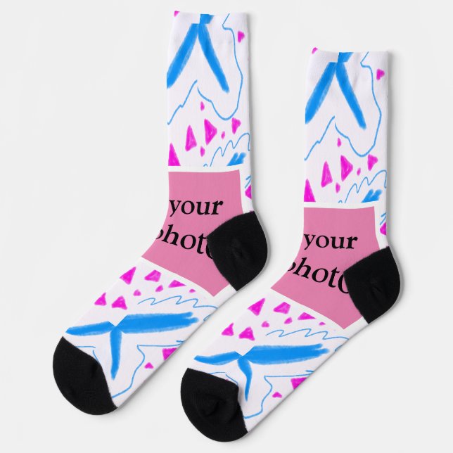 Pink blue watercolor pattern add name text custom socks (Left)