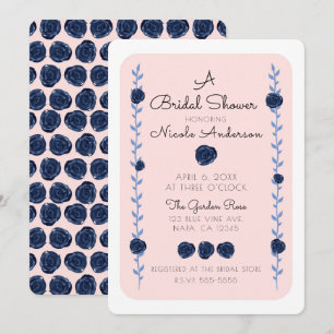 Pink Blue Watercolor Rose Cottage Bridal Shower Invitation
