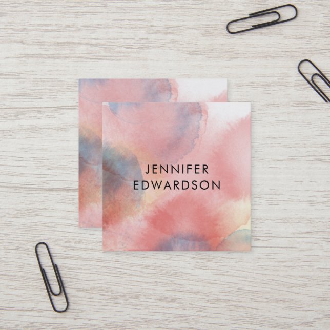Pink blue watercolor splatter square business card (Front/Back In Situ)