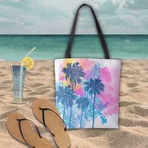 Pink Blue Watercolor Tropical Palms Tote Bag