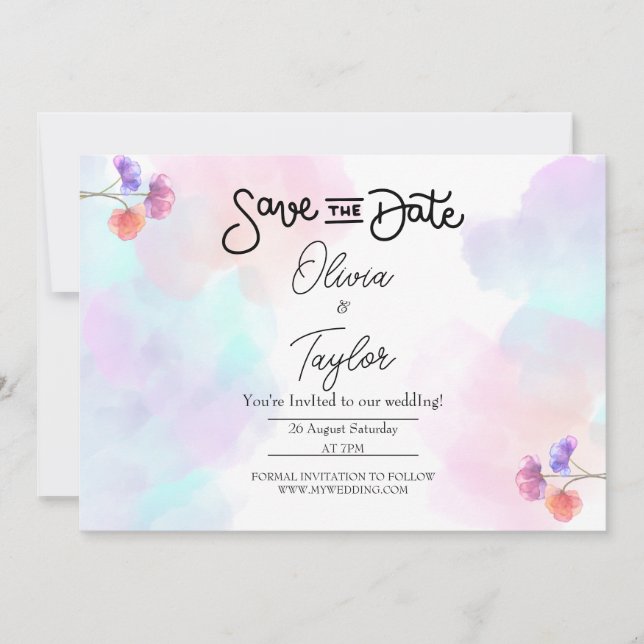 Pink & Blue Watercolor Wedding Invitations (Front)
