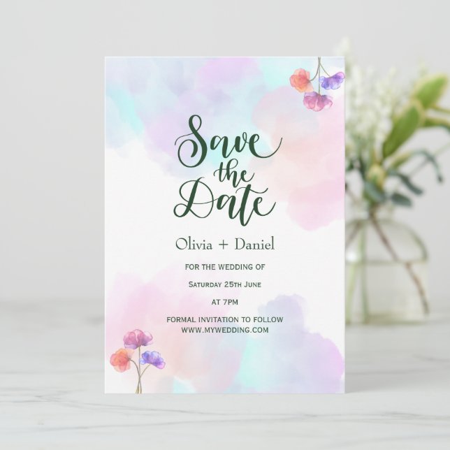 Pink Blue Watercolor Wedding Save the Date Invitation (Standing Front)