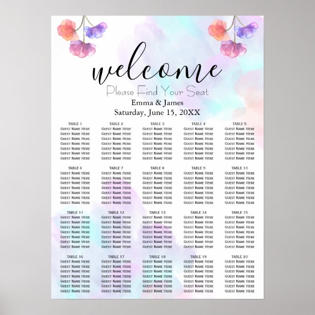 Pink Blue Watercolor Wedding Seating Chart (Front)