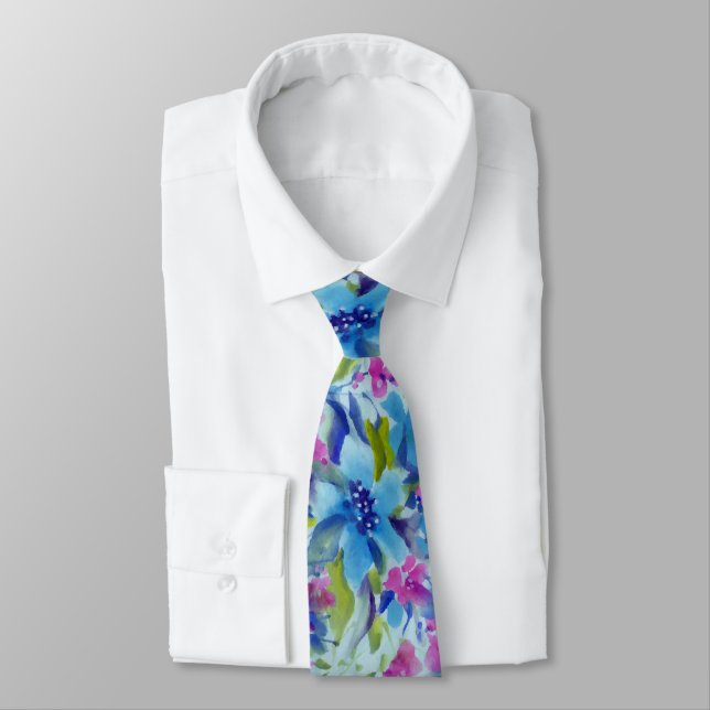 Pink & Blue Watercolors Floral Pattern Tie (Tied)