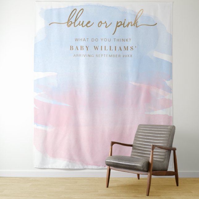 Pink Blue Watercolour Gender Reveal Backdrop Tapestry (In Situ)