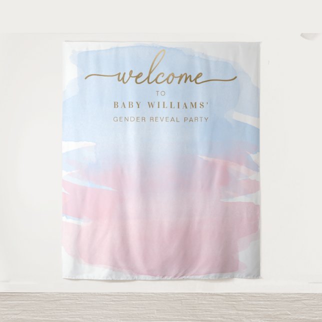 Pink Blue Watercolour Gender Reveal Backdrop Tapestry (Front)
