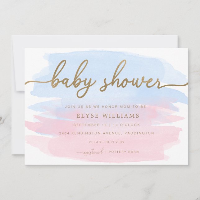 Pink Blue Watercolour Gold Baby Shower Invitation (Front)