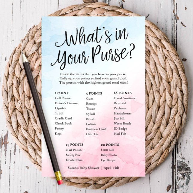 Pink/Blue What's in Your Purse, Paper Game Card (Have some fun at your shower with this fun game featuring a scavenger hunt in your guests' purse!)