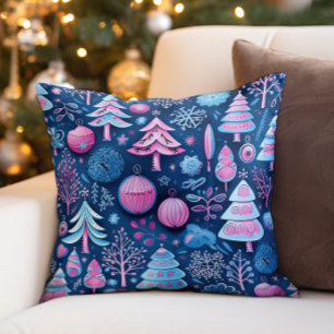 Pink Blue Whimsical Christmas Trees Cushion