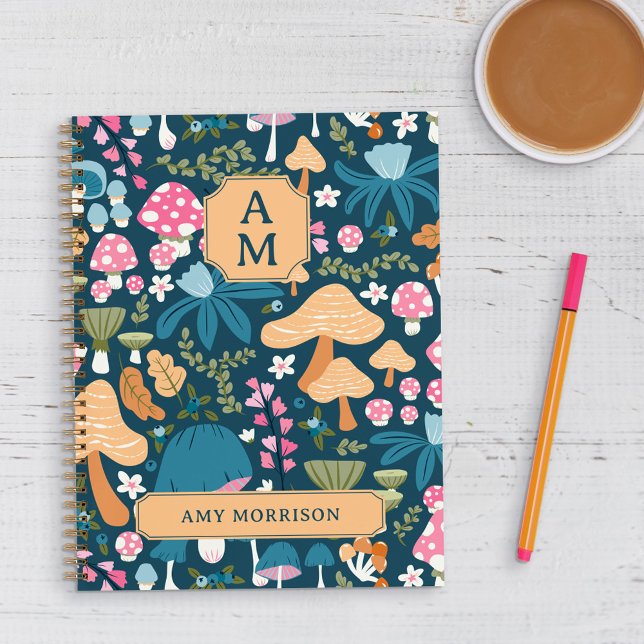 Pink Blue Whimsical Mushroom Pattern Monogram Notebook (Creator Uploaded)