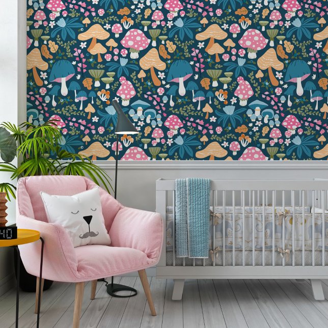 Pink Blue Whimsical Mushroom Pattern Nursery Wallpaper (Creator Uploaded)