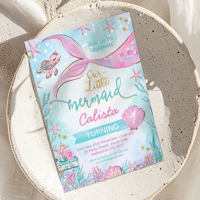 Pink Blue Whimsical Our Little Mermaid Birthday Invitation (Our Little Mermaid 1st Birthday Invitation, Editable Mermaid Birthday Party Invitation Instant)
