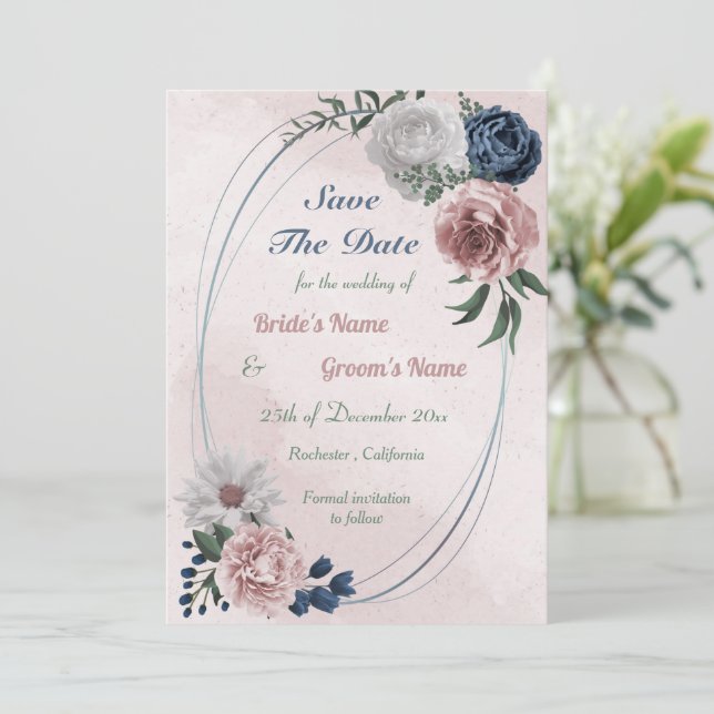  pink blue & white floral geometric save the date (Standing Front)