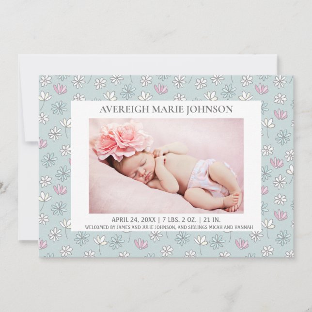 Pink Blue White Floral Girl Photo Birth Announcement (Front)
