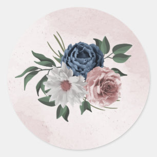 pink blue white floral greenery wedding classic round sticker