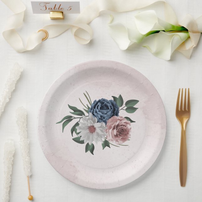  pink blue white floral greenery wedding paper plate (Wedding)