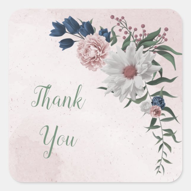  pink blue white floral greenery wedding square sticker (Front)