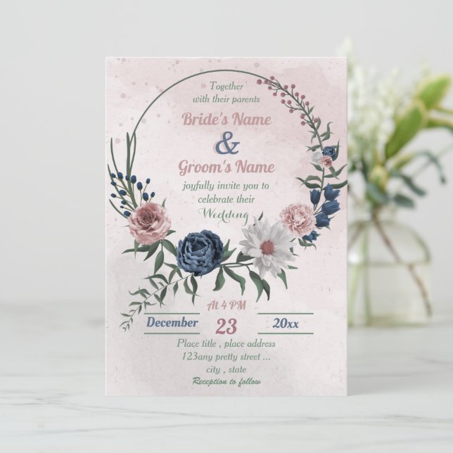  pink blue & white floral greenery wreath wedding invitation (Standing Front)