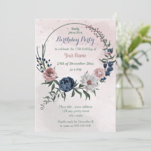 pink blue & white floral wreath birthday party in invitation