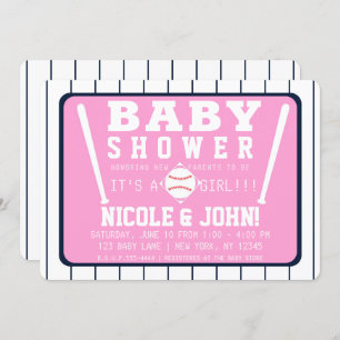 Pink Blue & White Pinstripes Baseball Baby Shower Invitation