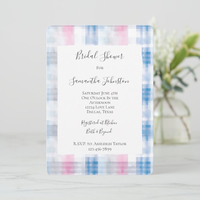 Pink Blue White Plaid Stripes Bridal Shower Invitation (Standing Front)