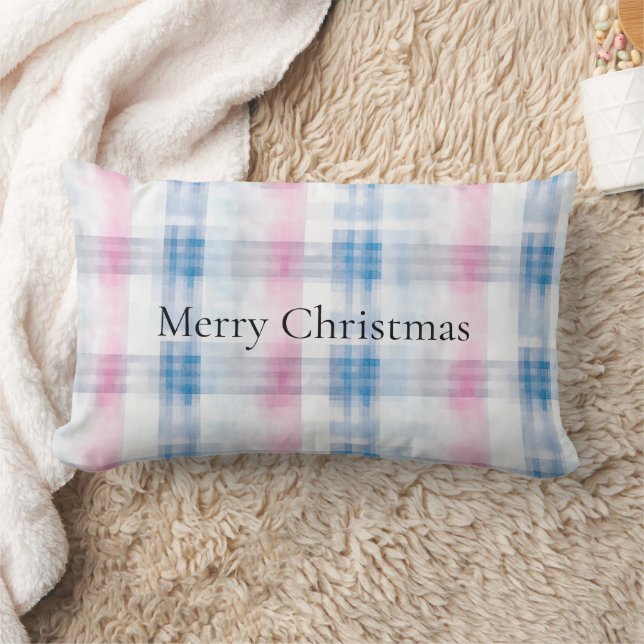 Pink Blue White Plaid Stripes Christmas Lumbar Cushion (Blanket)