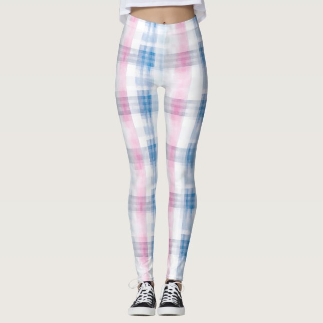 Pink Blue White Plaid Stripes Leggings (Front)