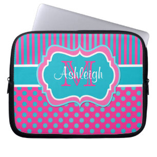 Pink Blue White Polka Dots Striped Laptop Sleeve