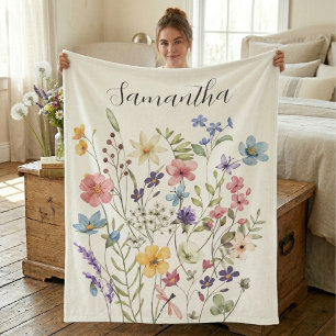 Pink Blue Wildflower Watercolor Name  Fleece Blanket