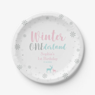 Pink & Blue Winter Onederland 1st Birthday Party Paper Plate
