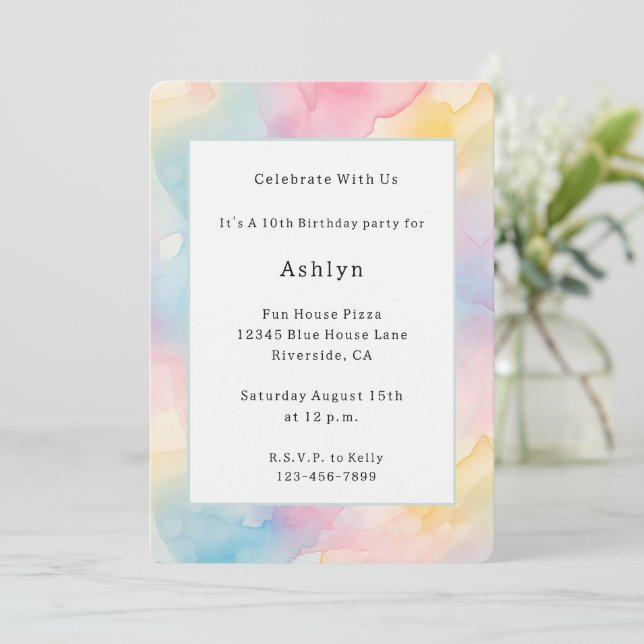 Pink Blue Yellow Abstract Whimsical Birthday Invitation (Standing Front)