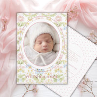 Pink Blue Yellow Damask Floral Birth Announcement