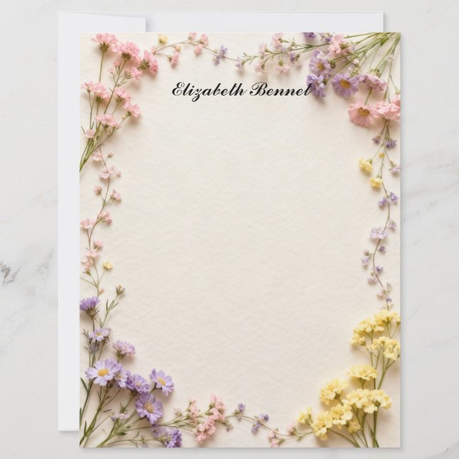 Pink Blue Yellow Dried Flowers Stationery Paper (Front)