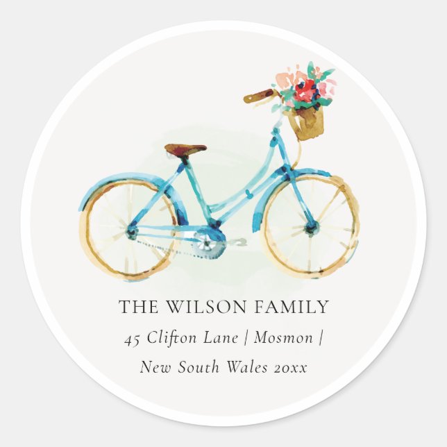 Pink Blue Yellow Floral Bike We have Moved Address Classic Round Sticker (Front)