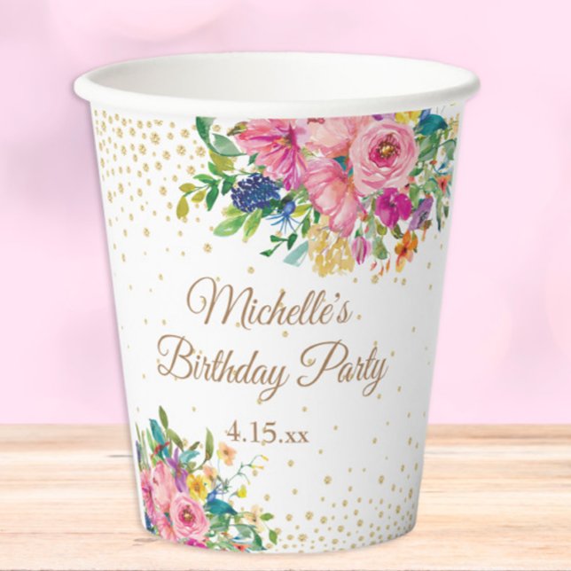 Pink Blue Yellow Floral Birthday Party Paper Cups (Pink and yellow watercolor floral and glitter on white birthday party paper cup)