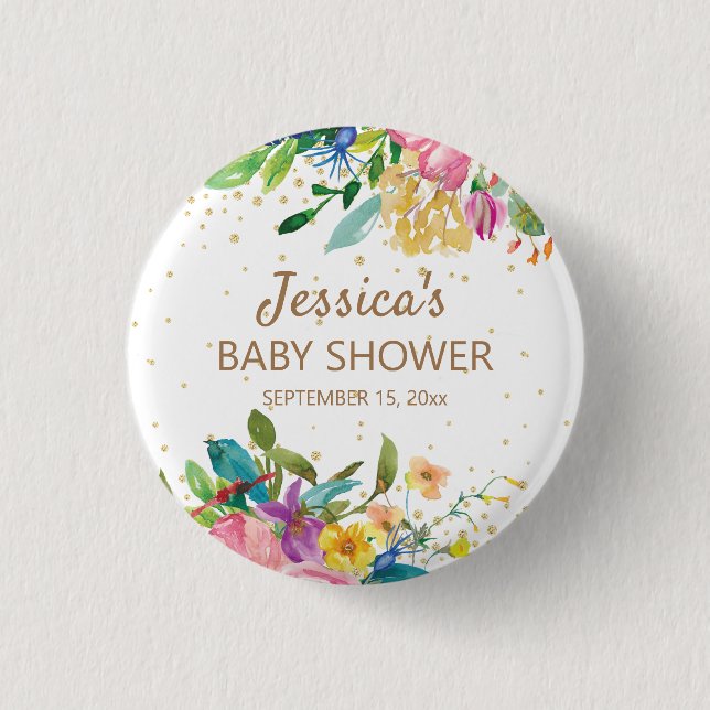 Pink Blue Yellow Floral Gold Glitter Baby Shower 3 Cm Round Badge (Front)