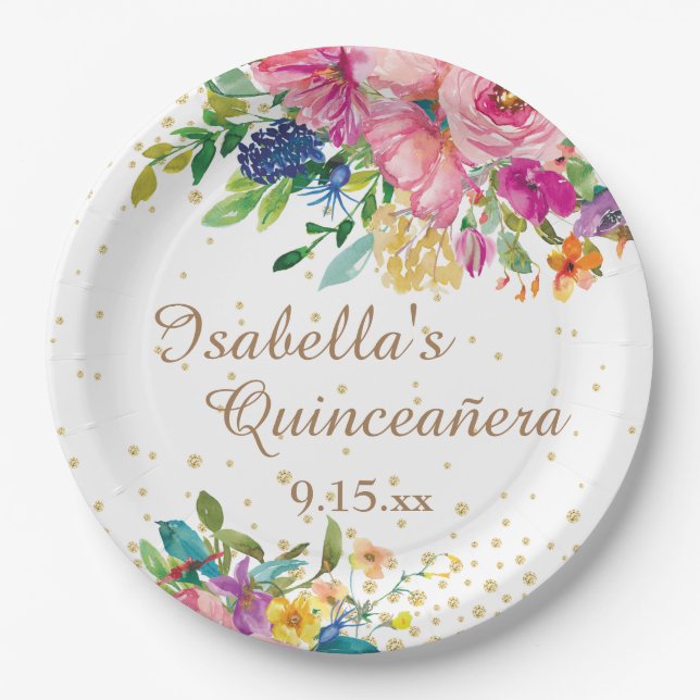 Pink Blue Yellow Floral Quinceañera Birthday Paper Plate (Front)