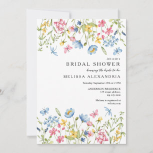 Pink Blue Yellow Floral Wildflowers Bridal Shower Invitation