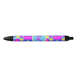Pink blue yellow flower pattern background add nam black ink pen