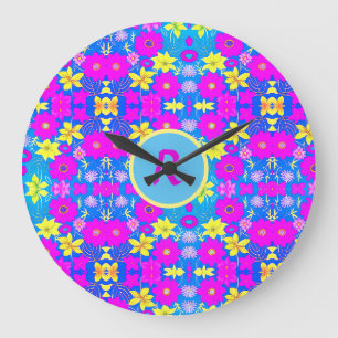 Pink blue yellow flower pattern background add nam large clock