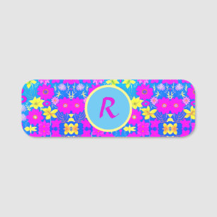 Pink blue yellow flower pattern background add nam name tag