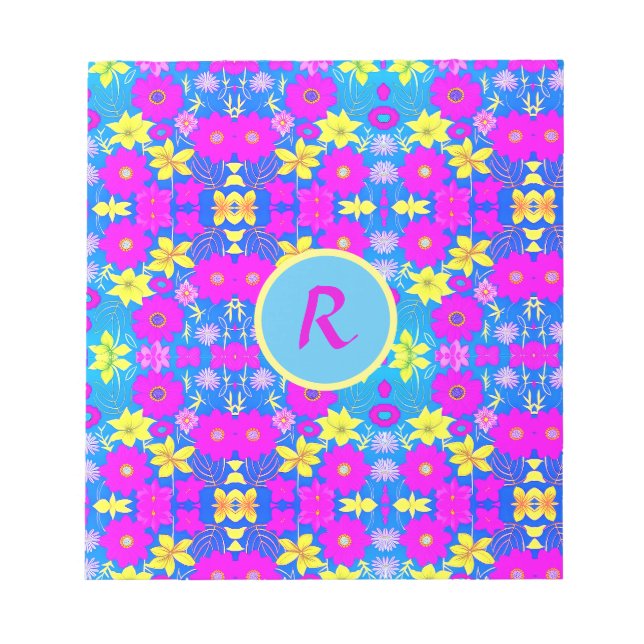 Pink blue yellow flower pattern background add nam notepad (Front)