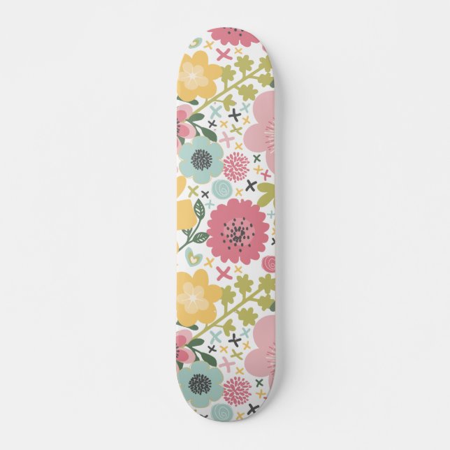 Pink Blue Yellow Flowers Modern Floral  Skateboard (Front)