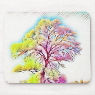 Pink, blue, yellow green painting of a Snowed Tree Mouse Pad