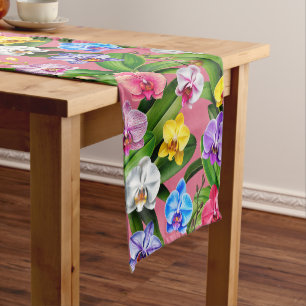Pink Blue Yellow Lilac Green Orchid Flowers Short Table Runner