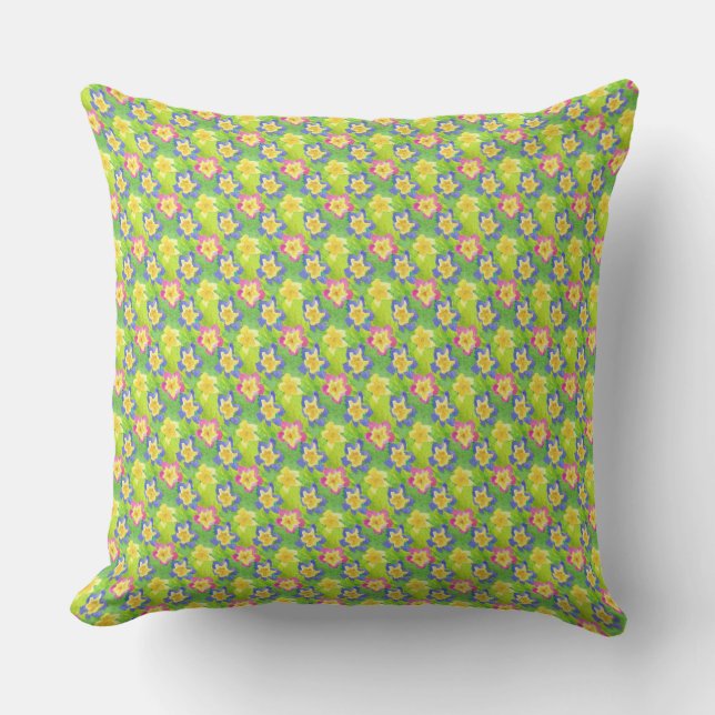 Pink, Blue, Yellow on Green Primroses Pattern Cushion (Front)