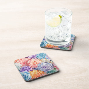 PINK BLUE YELLOW PASTEL DIMENSIONAL PRETTY FLOWERS COASTER